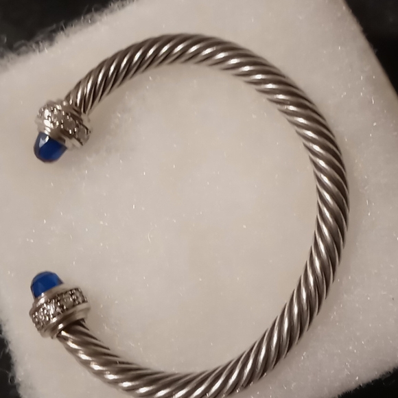 Twisted cable cuff sterling bracelet with blue sapphire gems & pave cz - Picture 3 of 12